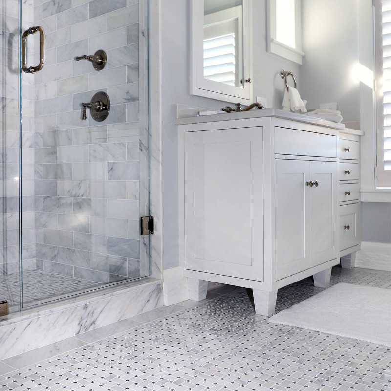 Tilery marble basketweave bathroom